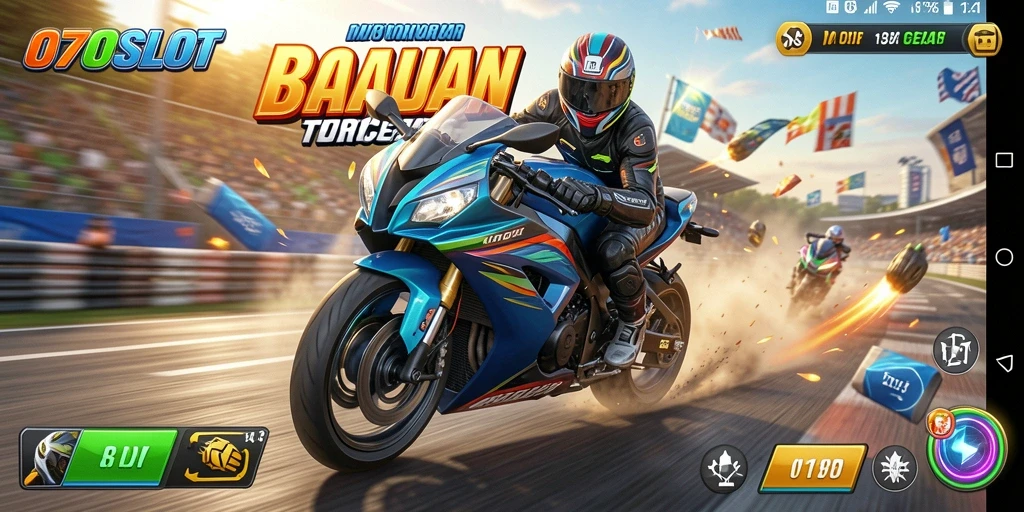 Tampilan aksi seru dalam gameplay 070SLOT balapan motor.