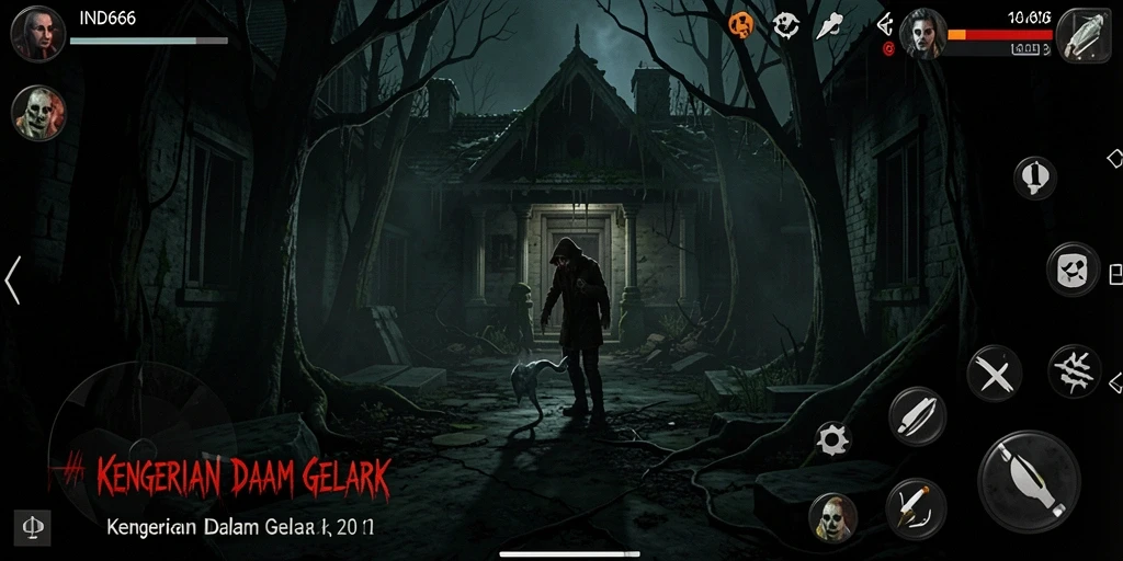 Screenshot gameplay IND666 menampilkan karakter berani di dunia gelap.