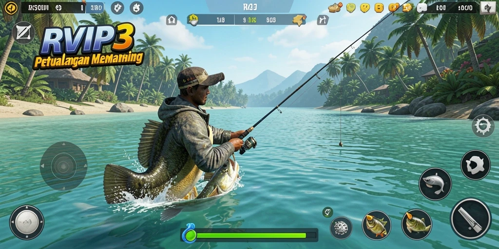 Screenshot gameplay RVIP3 menunjukkan aksi memancing yang seru.
